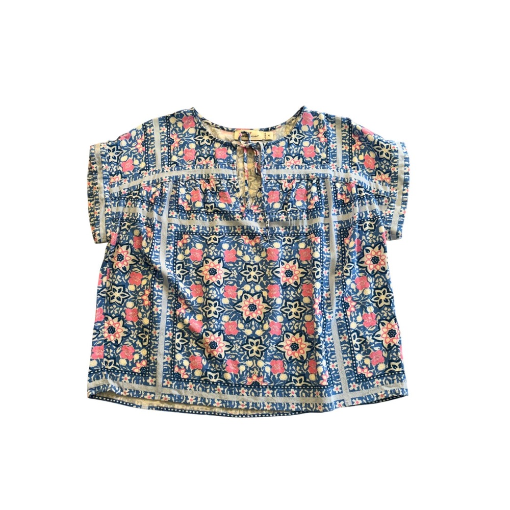 Vineyard Vines Womens XS Blue Pink Floral‎ Tile Print Tie Neck Top Coastal Beach